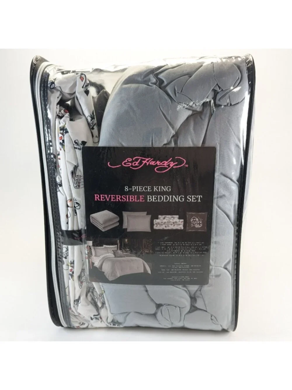 Ed Hardy King Comforter Set w Shams Pillow Sheets - Gray White Cards Dice Skull